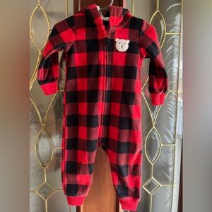 Carters Red & White Buffalo Plaid Fleece Hooded One Piece Outfit Baby Boy Sz 9M